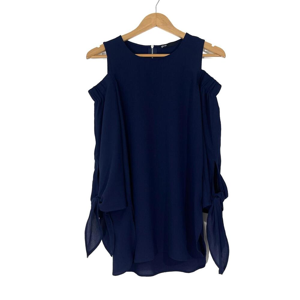 Gibson Women’s Size X-Small Solid Navy Blue Cold Shoulder Tunic Tie Sleeve Top